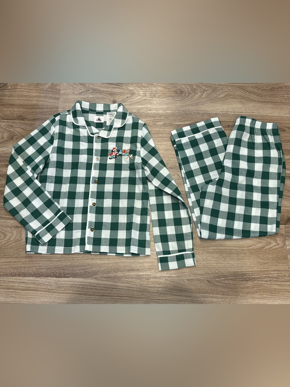 Disney Green/White Check Plaid Kids Pajamas Embroidered Mickey Mouse Donald Duck